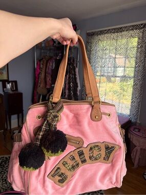 RARE Juicy Couture Preppy Pink Velour Tote with Tan Leather Trim